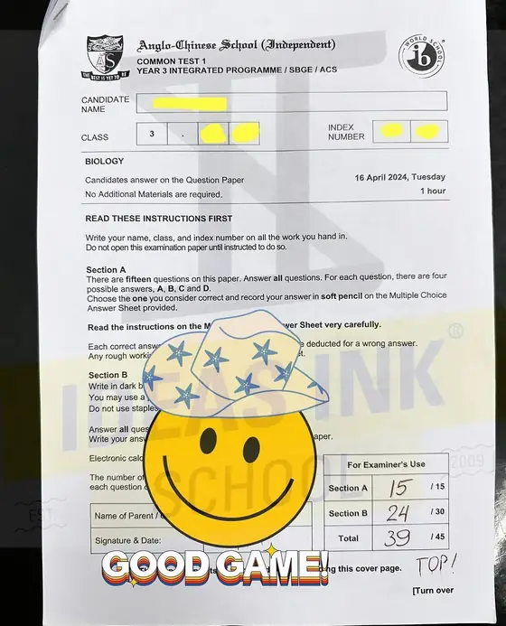 ACS (Independent) Year 3 IP Biology common test, scored 39 out of 45, marked Top