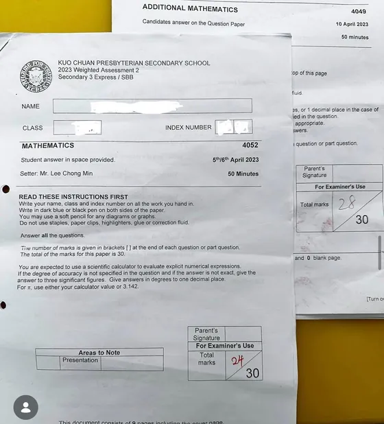 Kuo Chuan Presbyterian Secondary Sec 3 Mathematics weighted assessment, scored 24 out of 30