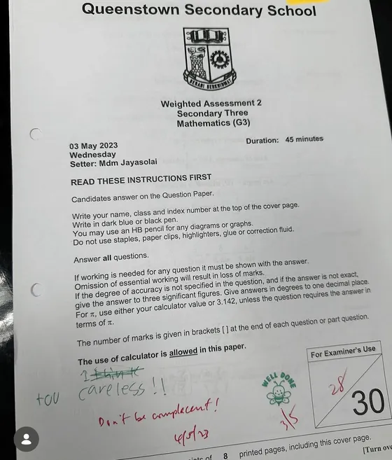 Queenstown Secondary Sec 3 Mathematics weighted assessment, scored 28 out of 30